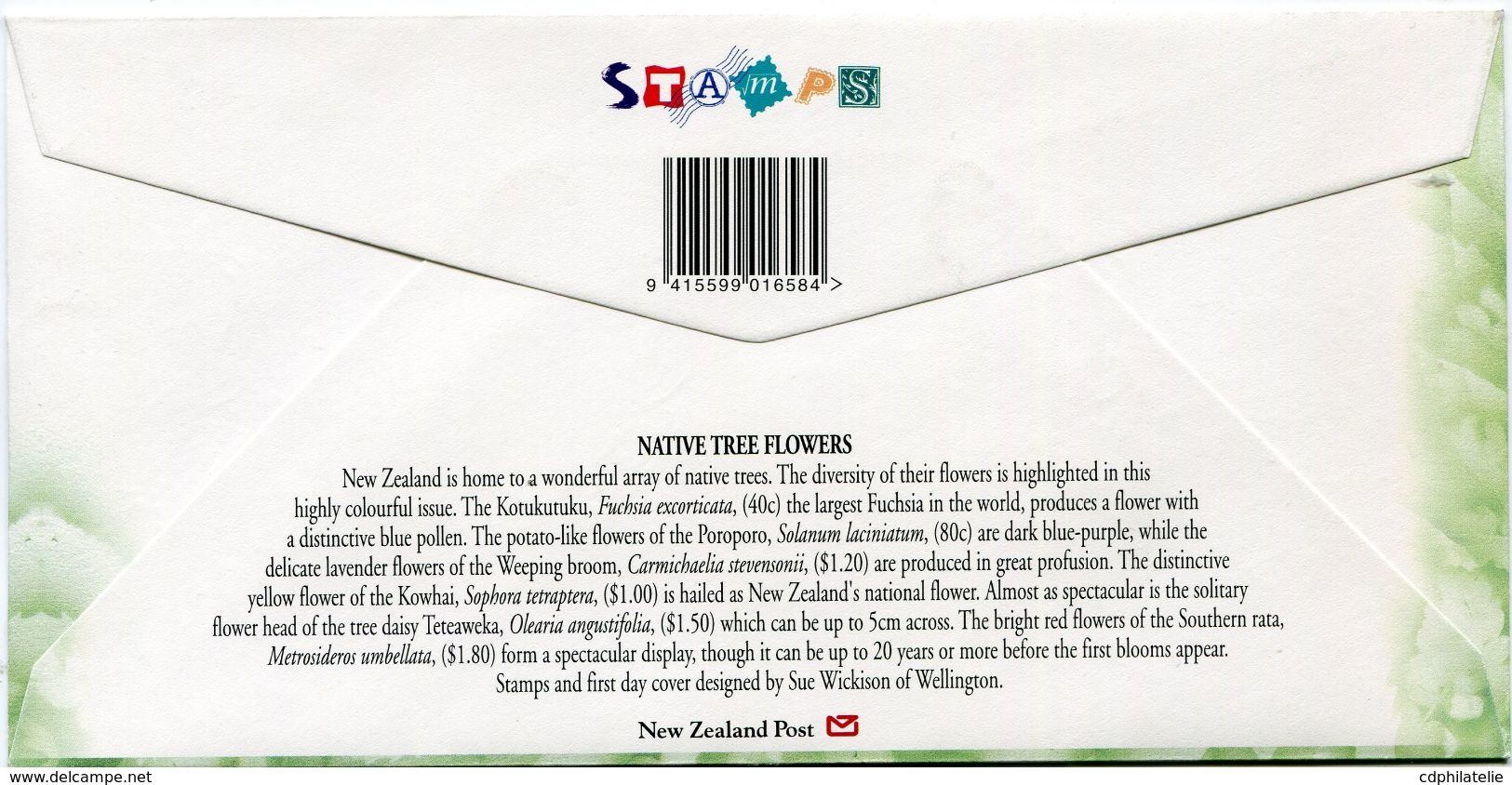 NOUVELLE-ZELANDE ENVELOPPE 1er JOUR DES N°1674/1679 FLEURS D'ARBRES INDIGENES OBLITERATION WANGANUI 13 JANUARY 1999 - FDC