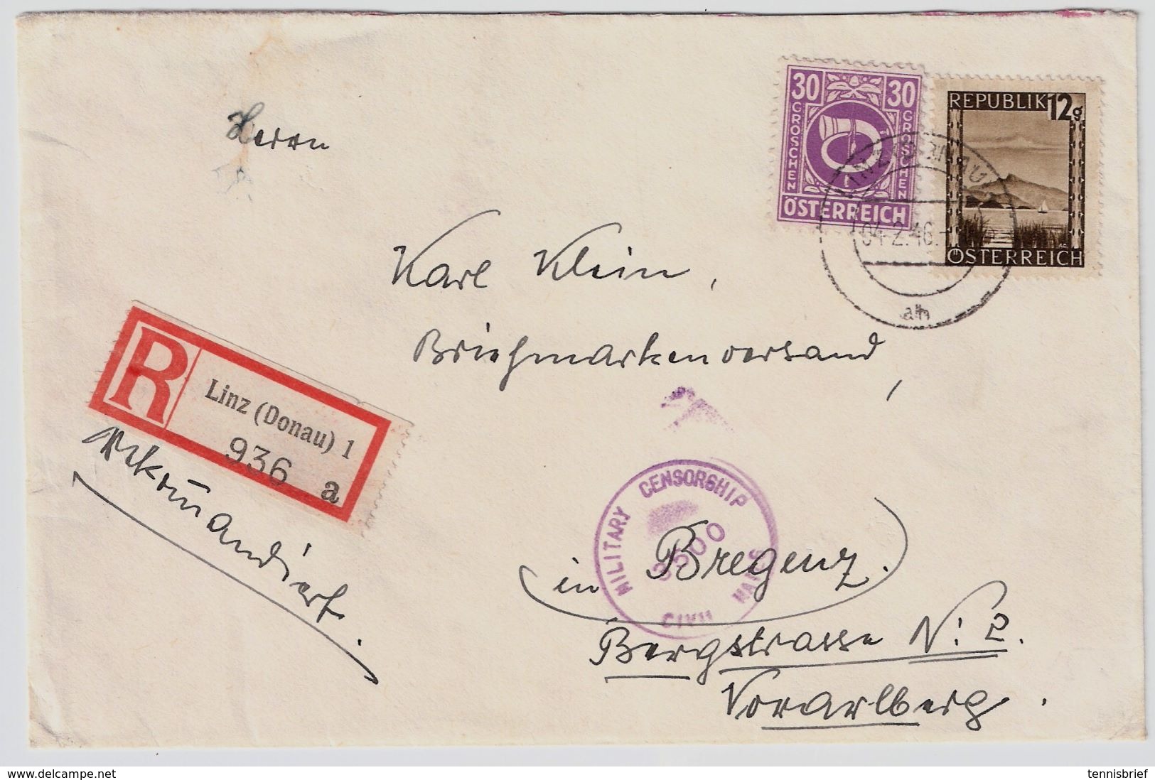 Reko-Brief 1946, " Linz " Deutscher R-Zettel !   , #9158 - Briefe U. Dokumente