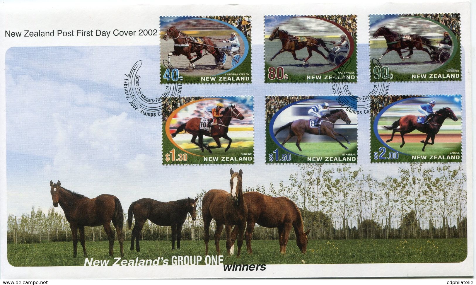 NOUVELLE-ZELANDE ENVELOPPE 1er JOUR DES N°1895/1900 CHEVEAUX DE COURSE OBLITERATION WANGANUI 7 FEBRUARY 2002 - FDC