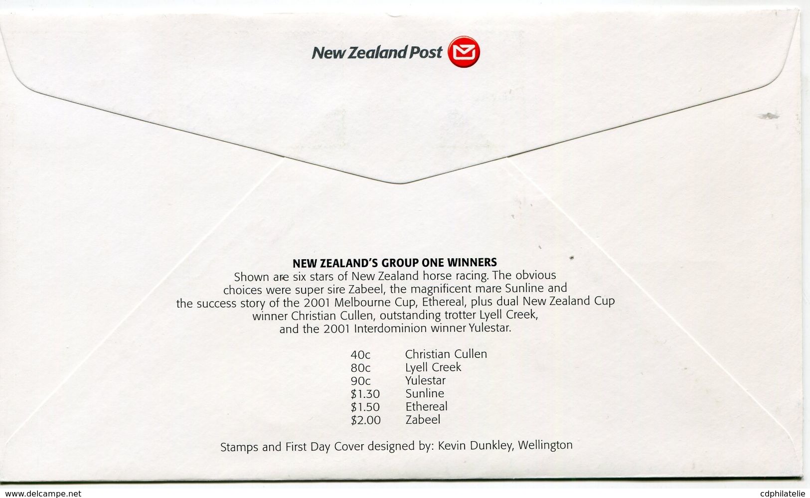 NOUVELLE-ZELANDE ENVELOPPE 1er JOUR DES N°1895/1900 CHEVEAUX DE COURSE OBLITERATION WANGANUI 7 FEBRUARY 2002 - FDC