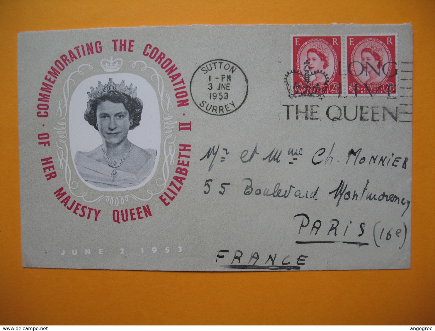 Lettre Commemorating The Coronation Of Her Majesty Queen Elisabeth II Sutton Surrey Pour La France 1953 - Familles Royales