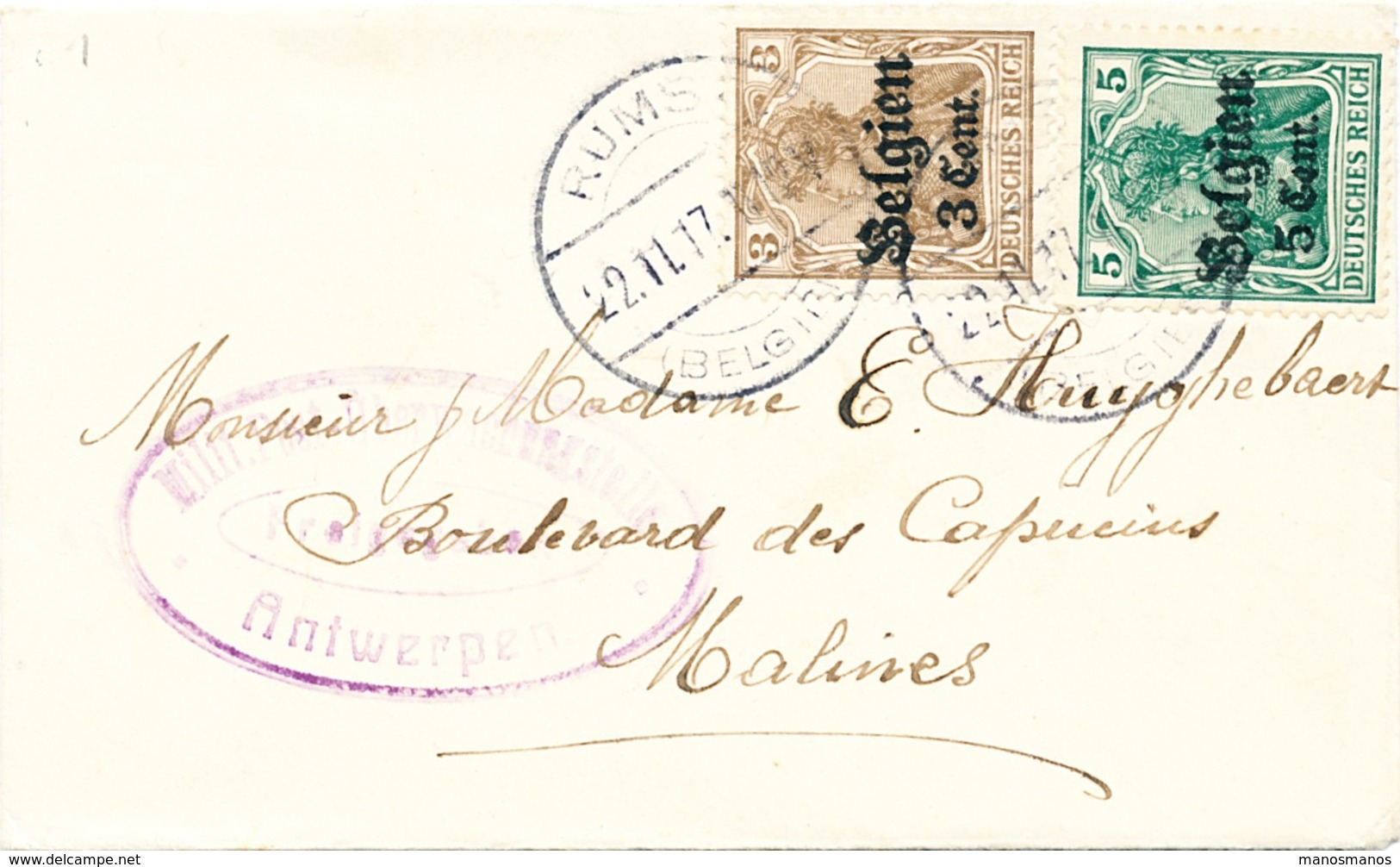 727/25 -Enveloppe Carte De Visite TP Germania Cachet Allemand RUMST 1917 - Censure De ANTWERPEN - OC1/25 Generalgouvernement 