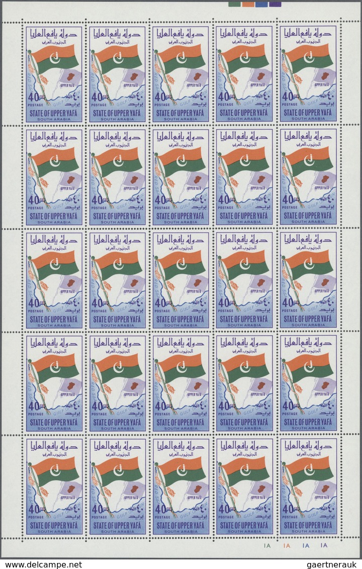 ** Aden - State of Upper Yafa: 1967, Definitives 5f. to 500f., complete set of ten values, sheets of 25