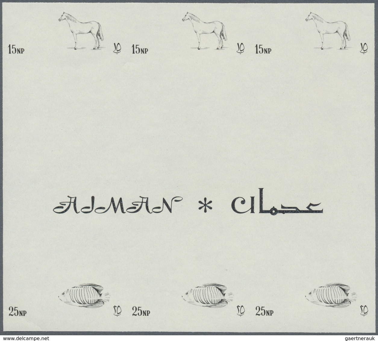 ** Adschman / Ajman: 1965, definitives 'Indigenous fauna' 15np. Arab horse and 25np. Regal angelfish bo