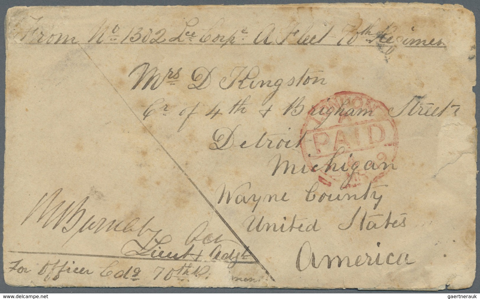 Br Afghanistan: 1879 Stampless Cover To DETROIT USA (Apr 7 Backstamp), Ms. Return Of "No. 1302 Lce. Cor - Afghanistan