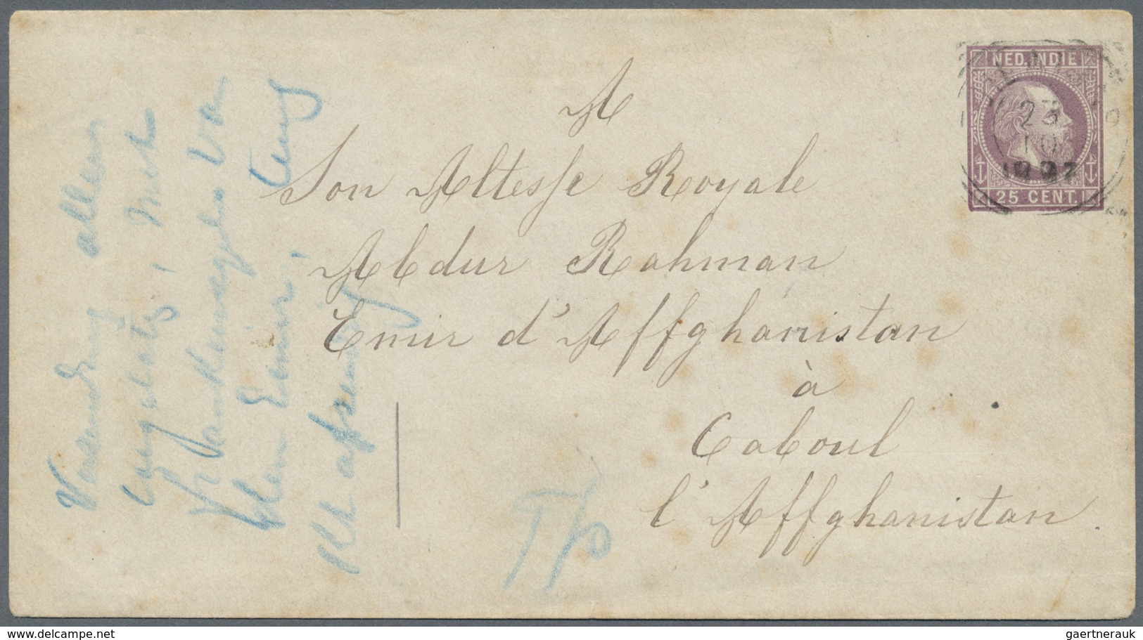 GA Afghanistan: 1897, 25c Stationery Envelope Addressed In French "To His Royal Highness, Emir Of Affgh - Afghanistan