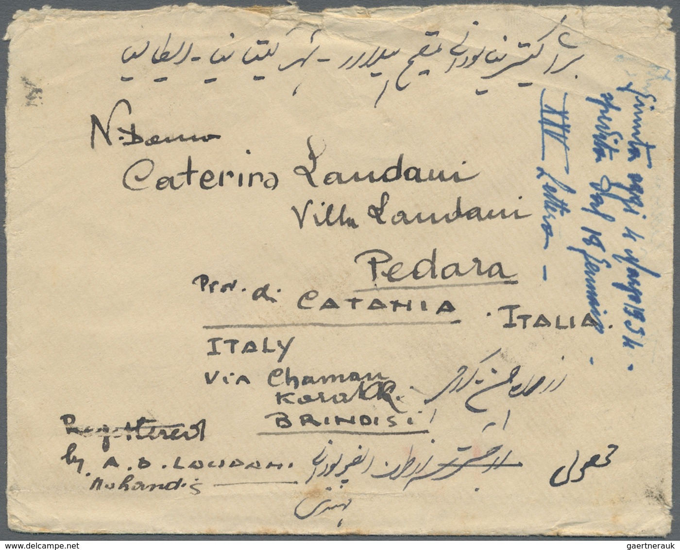 Br Afghanistan: 1934 Registered Cover From Farah To ITALY Via Kabul (6 Feb 34), The Southern Chaman-Que - Afghanistan