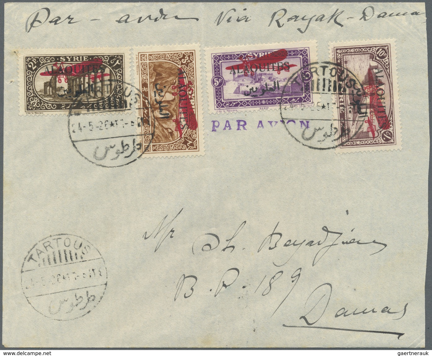 Alawiten-Gebiet: 1926, Flight Cover "TARTOUS - DAMASCUS", Dated 24/5/1926, Franked With Air Mail Set - Lettres & Documents