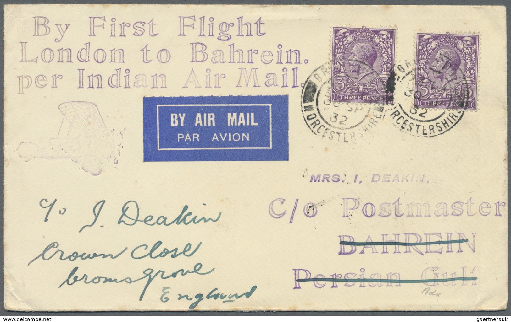 Br Bahrain: 1932 Two Different First Flight Covers From London To Bahrain, Both With '30 SP 32' Despatc - Bahrain (1965-...)