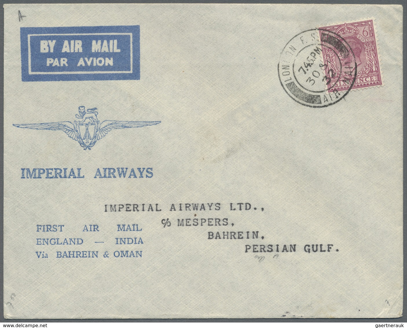 Br Bahrain: 1932 Two Different First Flight Covers From London To Bahrain, Both With '30 SP 32' Despatc - Bahrain (1965-...)