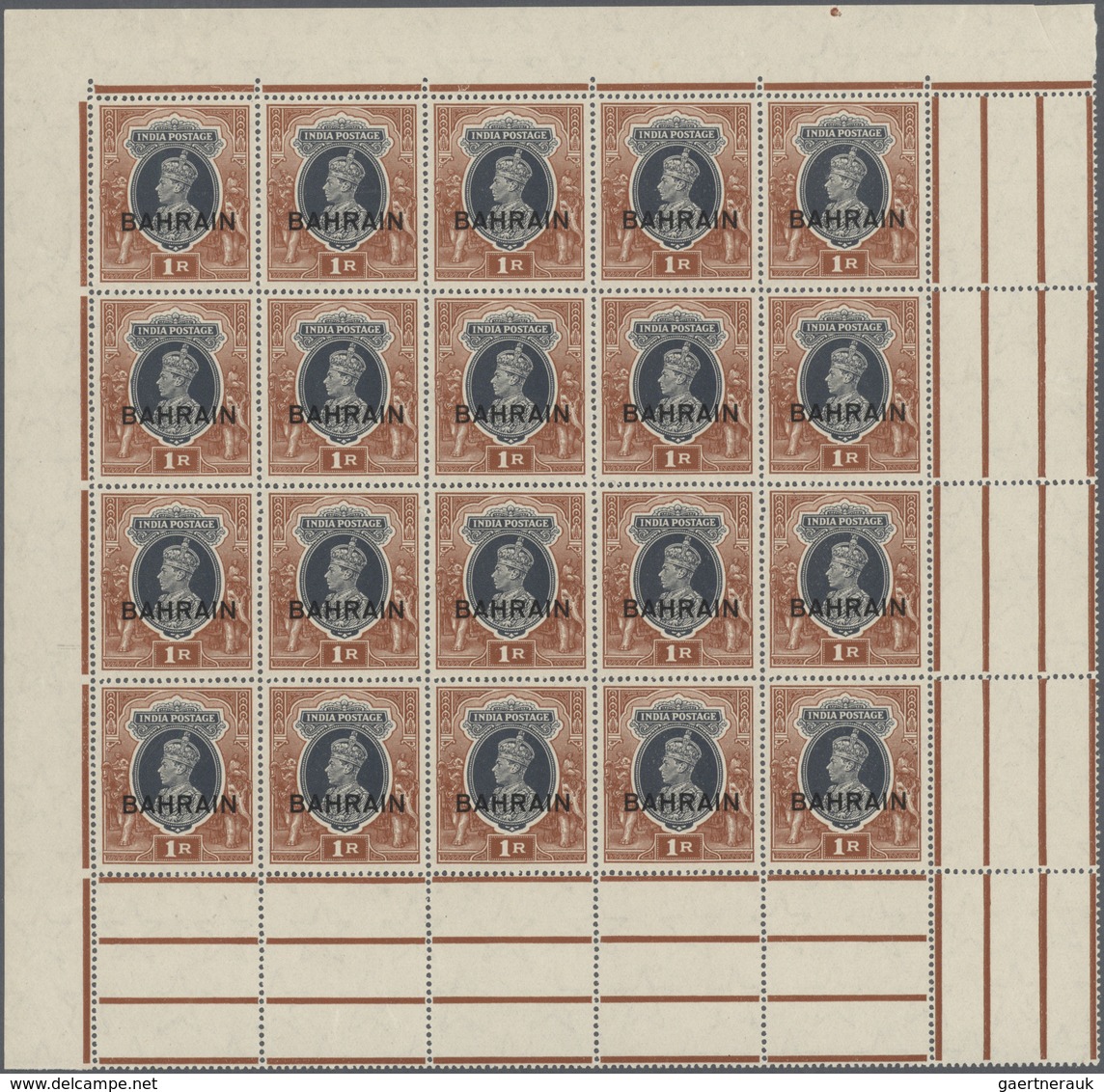 ** Bahrain: 1938-41 KGVI. 1r. Grey & Red-brown Complete Pane Of 20 With Sheet/gutter Margins All Round, - Bahrain (1965-...)