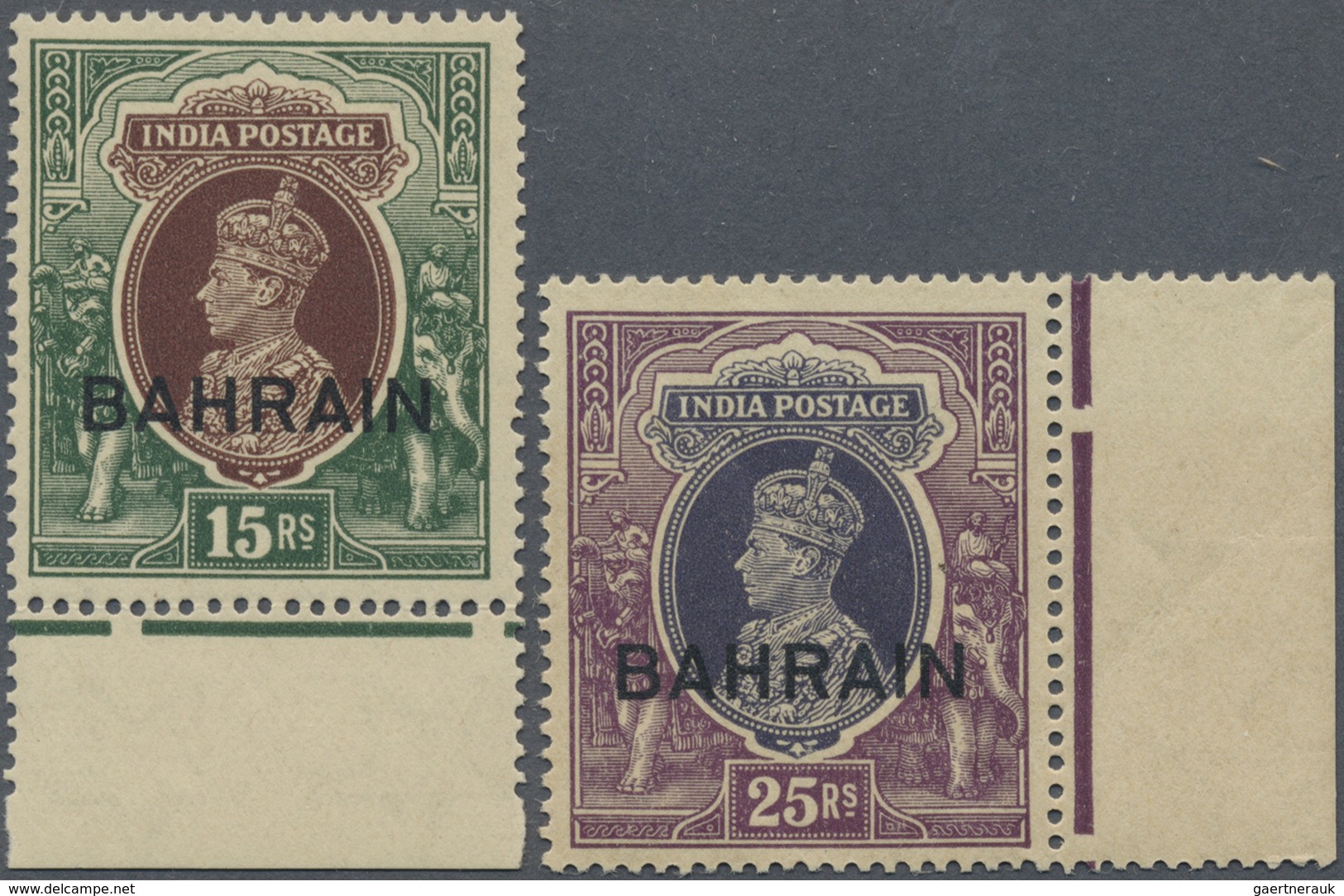 ** Bahrain: 1938-41 KGVI. 15r. (Wmk Inverted) And 25r. Marginal Singles, Mint Never Hinged, Very Lightl - Bahrein (1965-...)