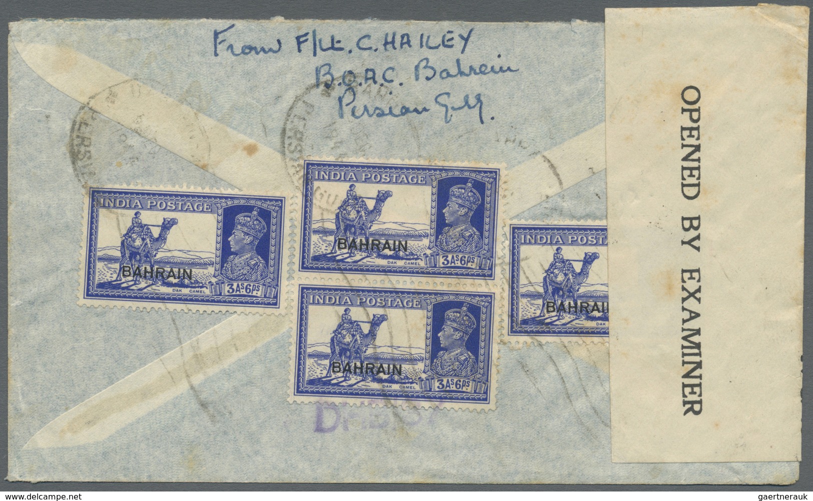 Br Bahrain: 1940. Air Mail Envelope Addressed To England Bearing SG 27, 3a 6p Blue (4) Tied By Bahrain/ - Bahrein (1965-...)