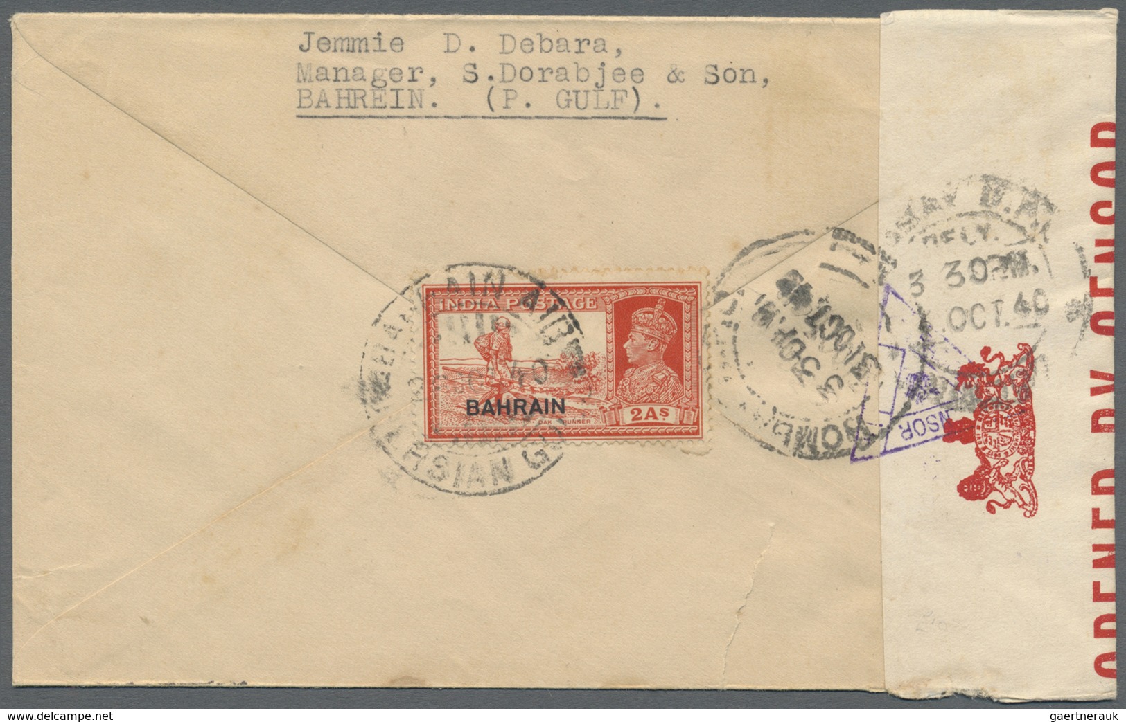 Br Bahrain: 1941-43, Three Censored Airmail Covers To India With Censore Strips And Triangle Handstamps - Bahrein (1965-...)