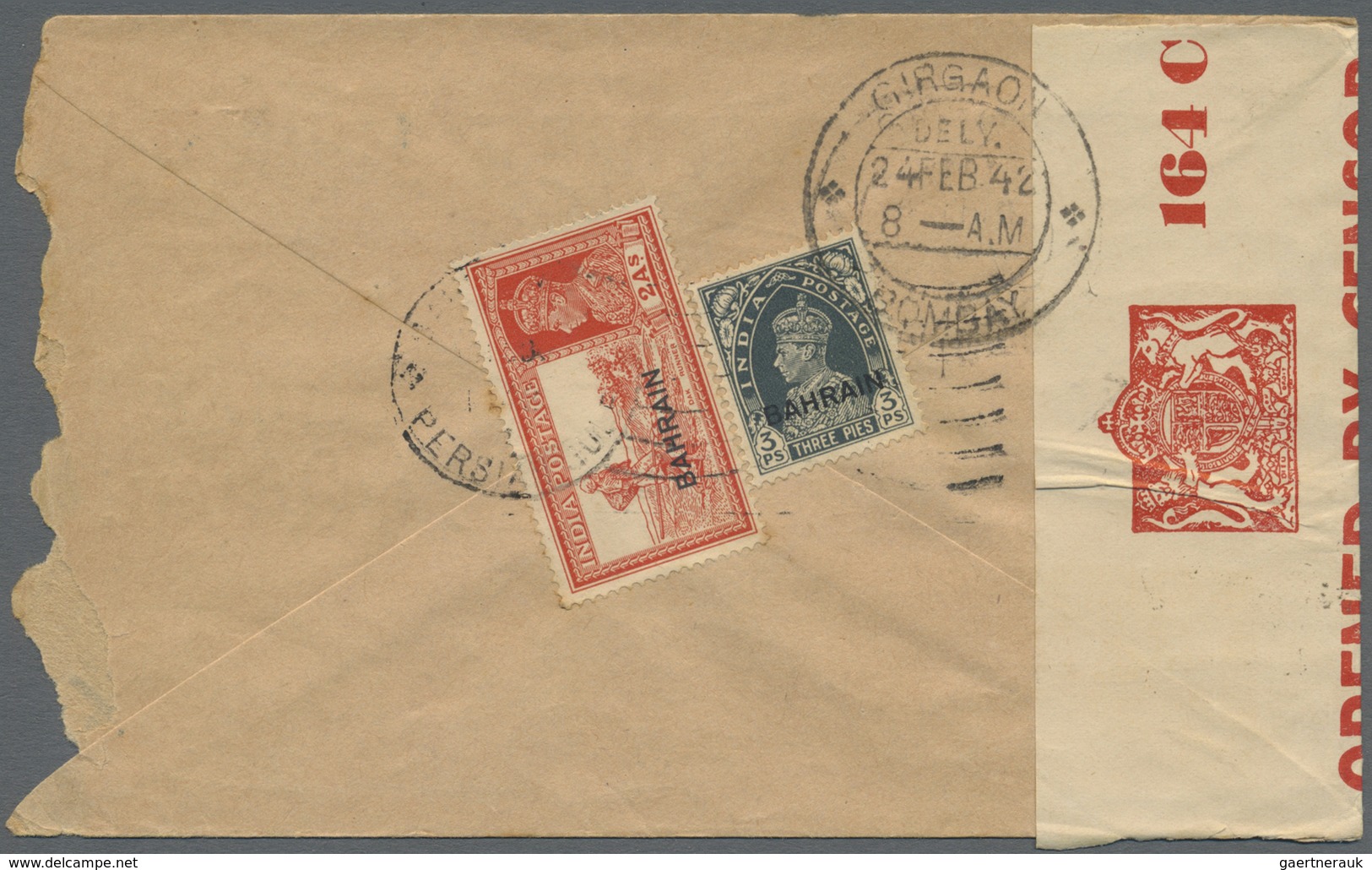 Br Bahrain: 1941-43, Three Censored Airmail Covers To India With Censore Strips And Triangle Handstamps - Bahrain (1965-...)