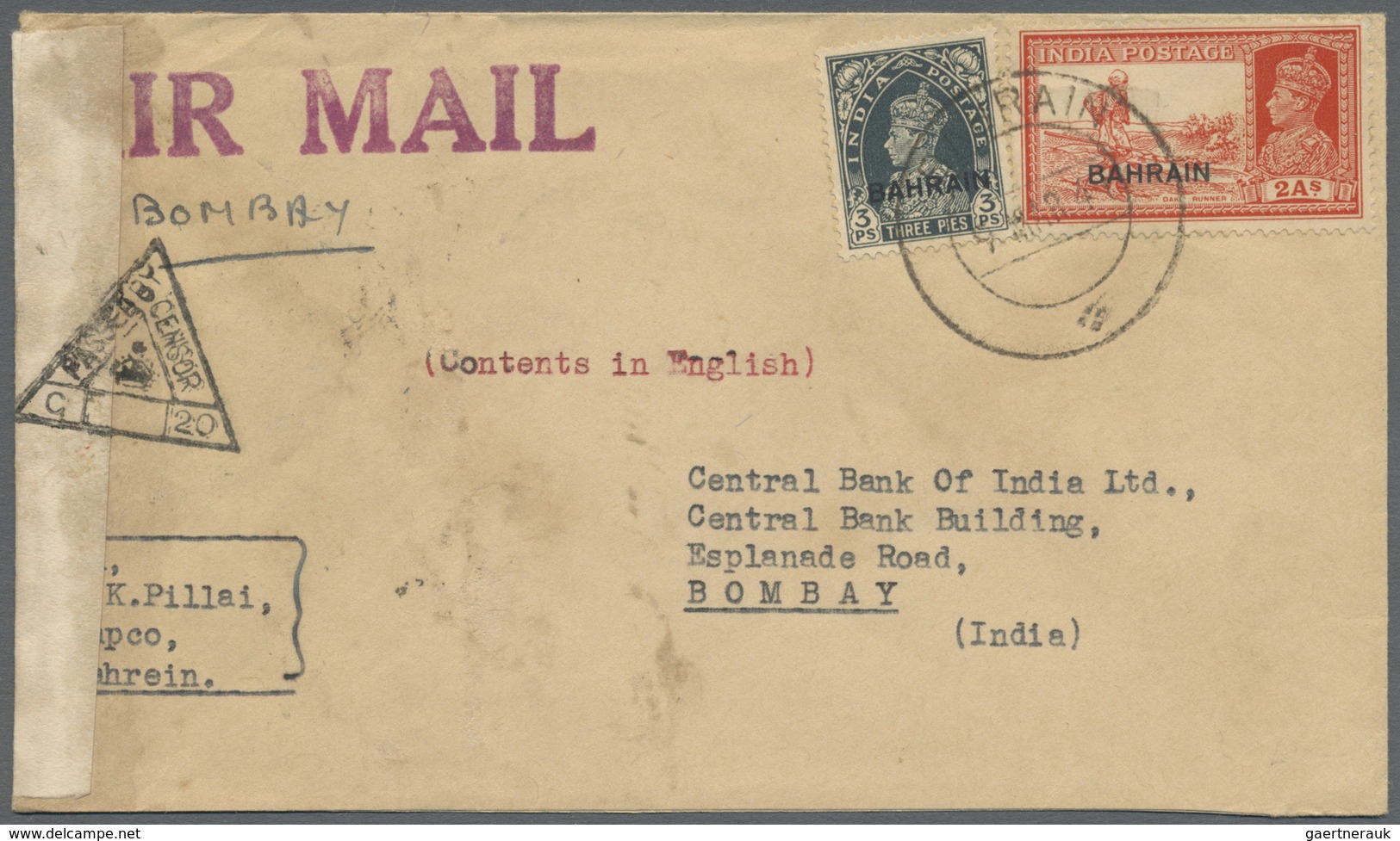 Br Bahrain: 1941-43, Three Censored Airmail Covers To India With Censore Strips And Triangle Handstamps - Bahrein (1965-...)