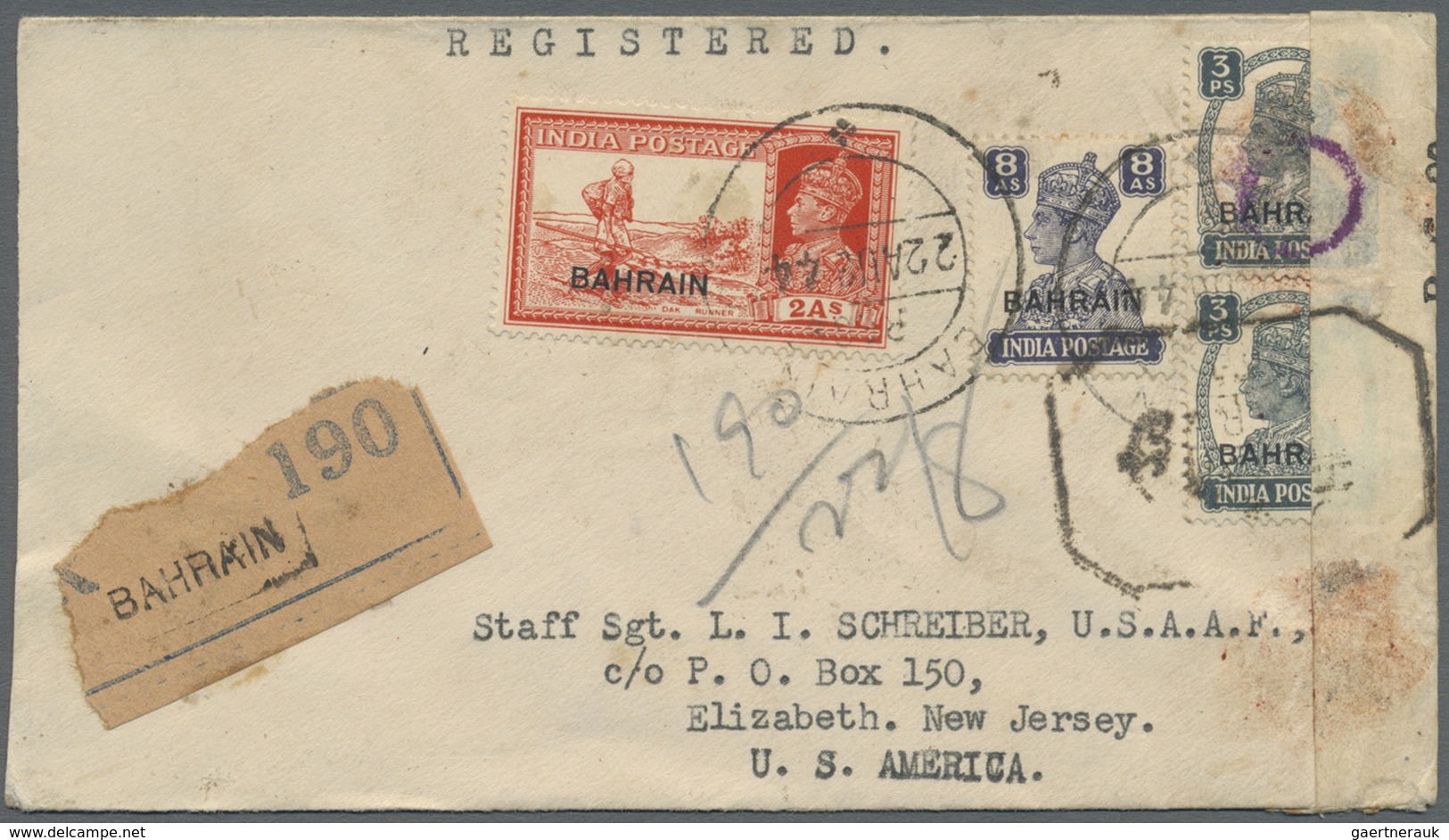 Br Bahrain: 1944 Registered And Censored Cover To Elizabeth, New Jersey, U.S.A. Franked By KGVI. 2a., 8 - Bahrain (1965-...)