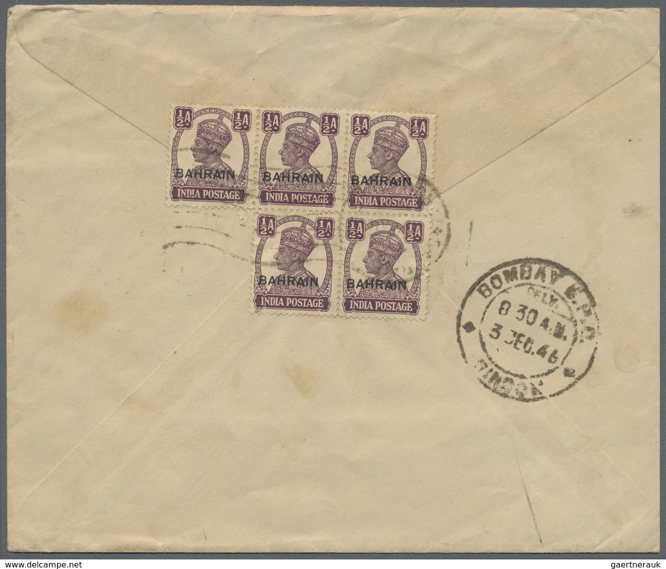 Br Bahrain: 1946. Air Mail Envelope Addressed To India Bearing SG 39, ½a Purple (block Of Five) Tied By - Bahrain (1965-...)