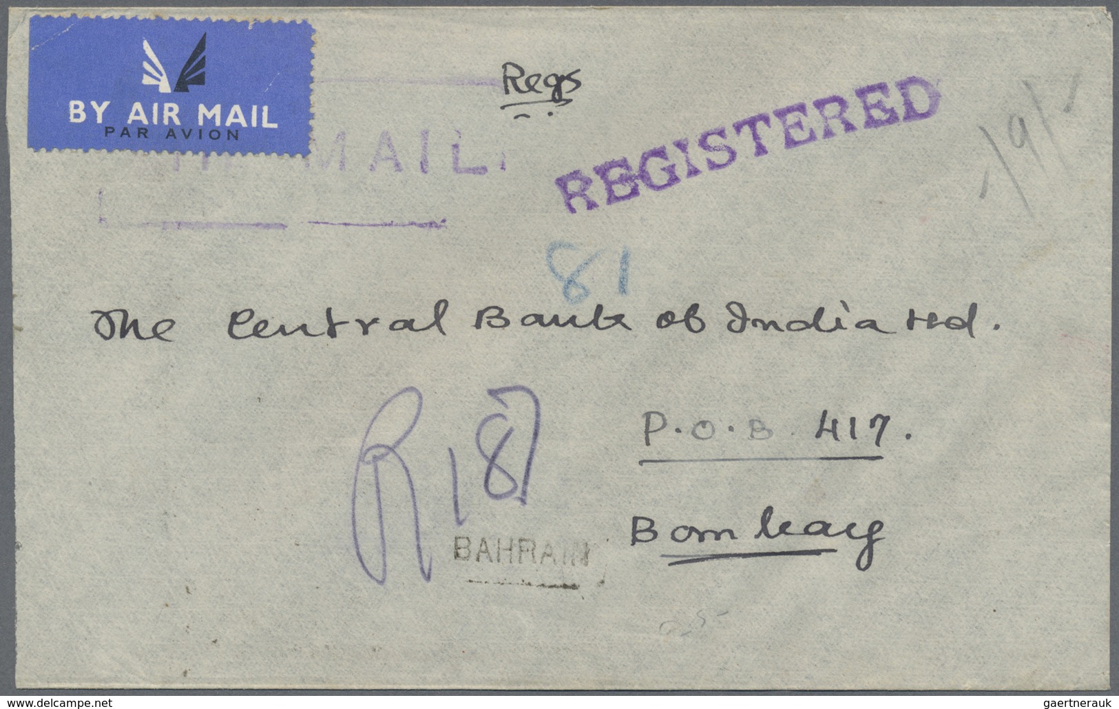 Br Bahrain: 1948. Registered Air Mail Envelope Addressed To Bombay Bearing SG 52, 1a On 1d Pale Red (3) - Bahrain (1965-...)