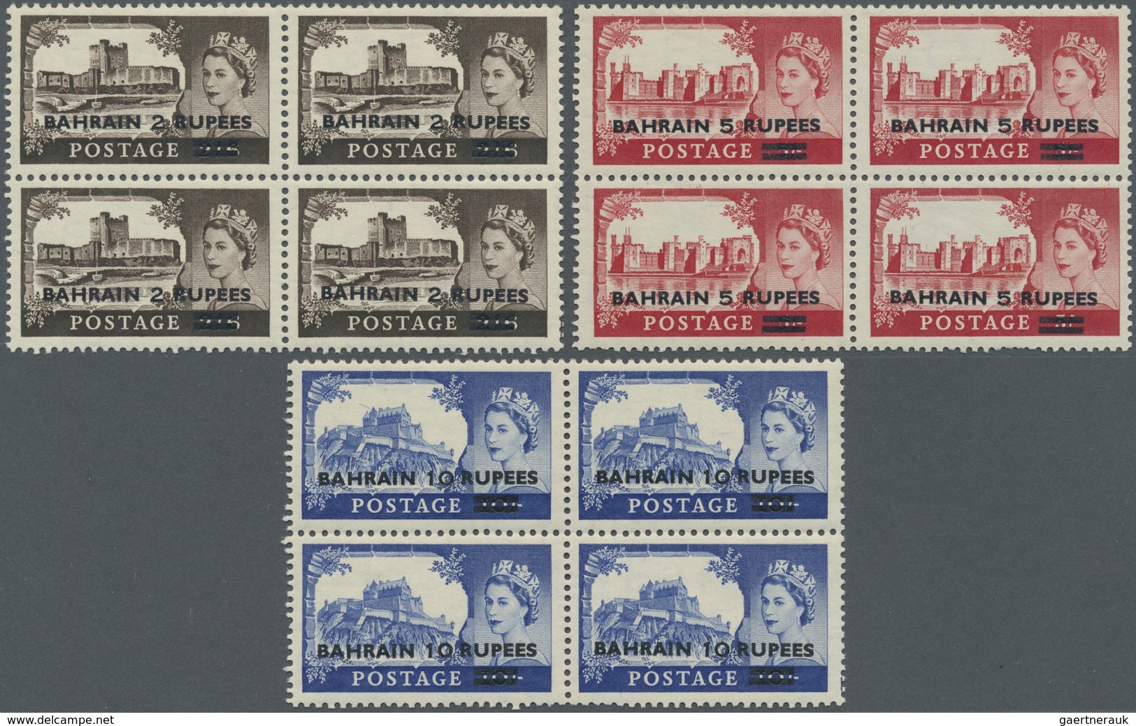 ** Bahrain: 1955, Overprints On GB "Castles", Three Values Each As Block Of Four, Unmounted Mint (some - Bahrain (1965-...)