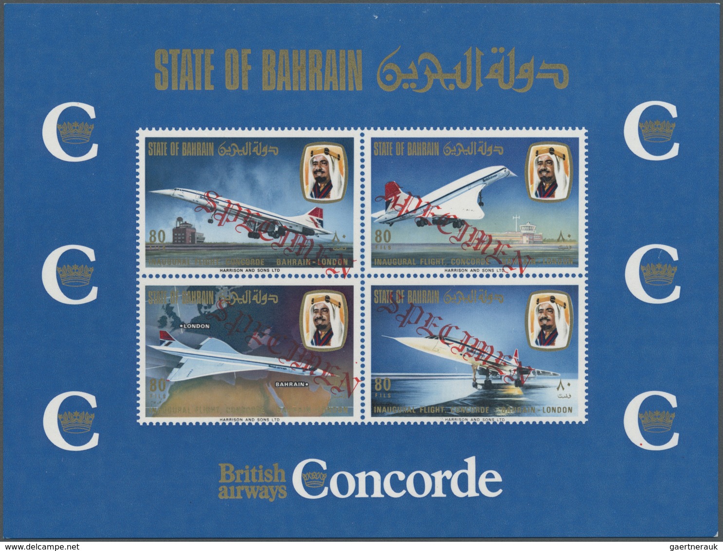 ** Bahrain: 1976, Concorde First Flight Bahrain-London, Souvenir Sheet With Four Diagonal Red SPECIMEN - Bahrein (1965-...)