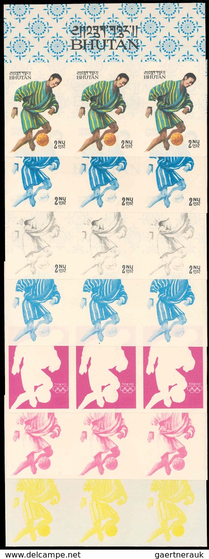 ** Bhutan: 1964, OLYMPIC GAMES TOKYO, Soccer - 7 Items; Progressive Plate Proofs In 6-color-print For T - Bhutan