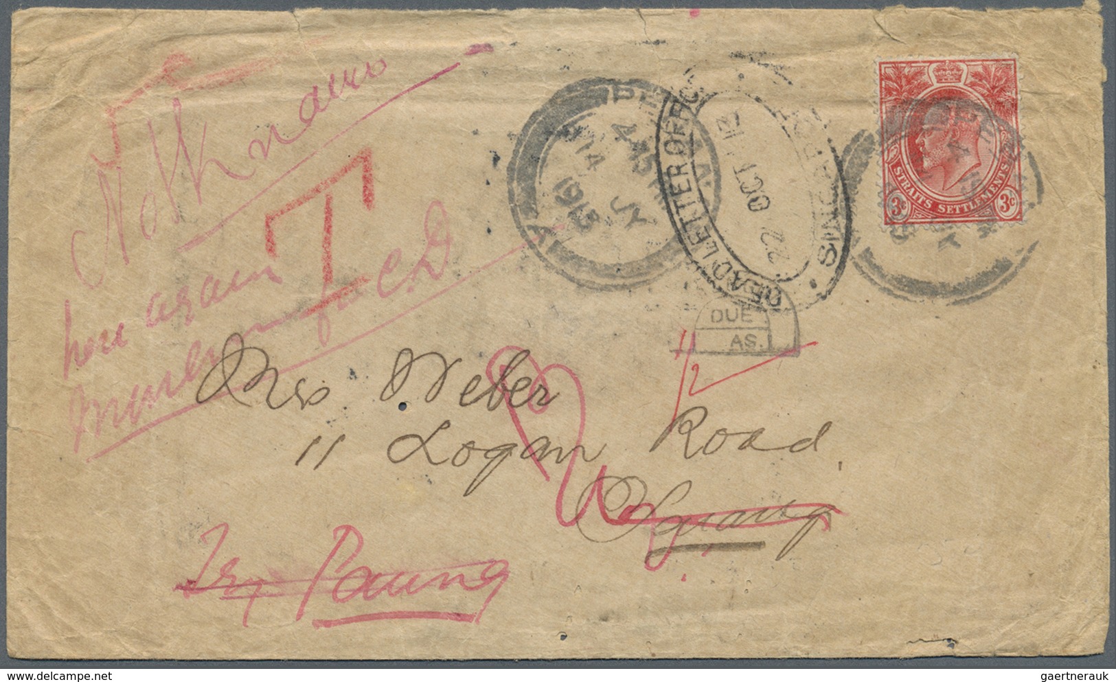 Br Birma / Burma / Myanmar: 1913. Envelope Addressed To 'Logan Road, Ygang, Burma' Bearing Straits Sett - Myanmar (Burma 1948-...)