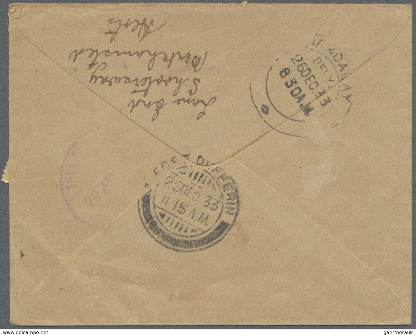 Br Birma / Burma / Myanmar: Incoming Mail: 1933, India Official Stamps 3 Ps. Slate And Pair 1/2 A. Gree - Myanmar (Birma 1948-...)