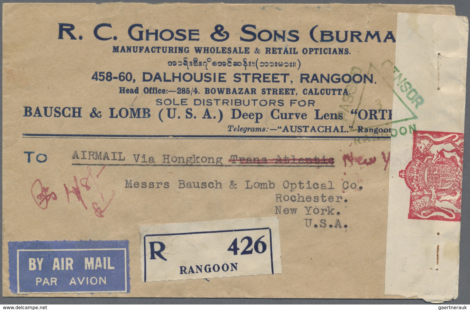 Birma / Burma / Myanmar: 1940, 2 R. Pair And 8 A. Tied "RANGOON G.P.O. 25 NO 40" To Reverse Of Censo - Myanmar (Birmanie 1948-...)