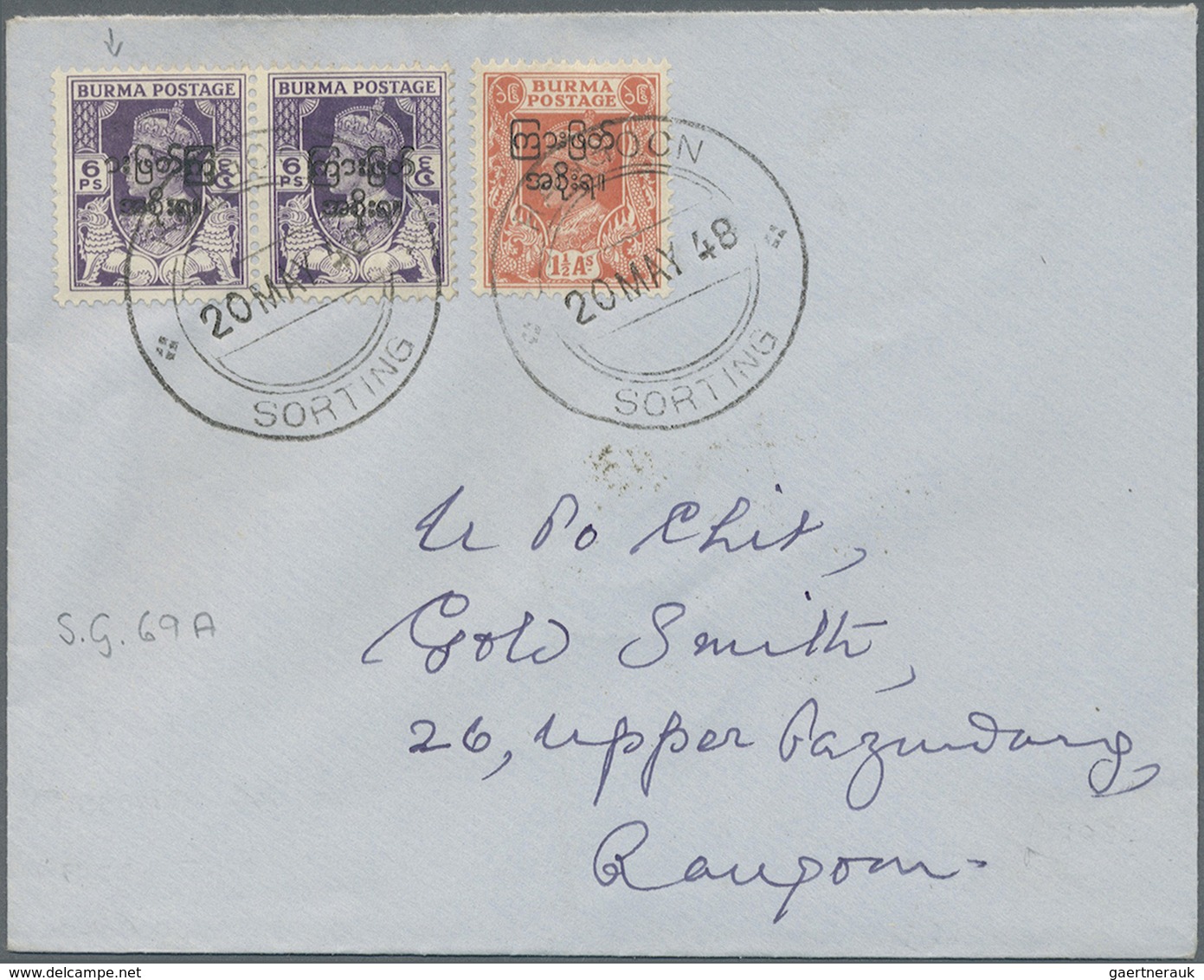 Br Birma / Burma / Myanmar: 1947 Interim Government: Two Good Overprint Varieties On Two Rangoon Local - Myanmar (Burma 1948-...)