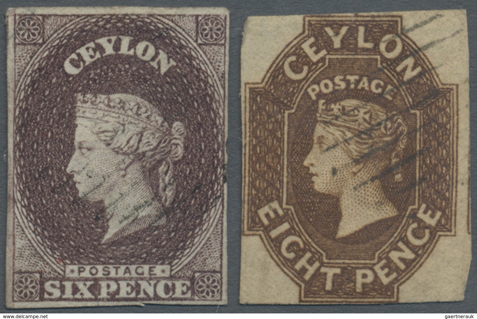 O Ceylon / Sri Lanka: 1857-59 QV 6d. Purple-brown And 8d. Brown Both Used, With Complete To Wide Margi - Sri Lanka (Ceylon) (1948-...)