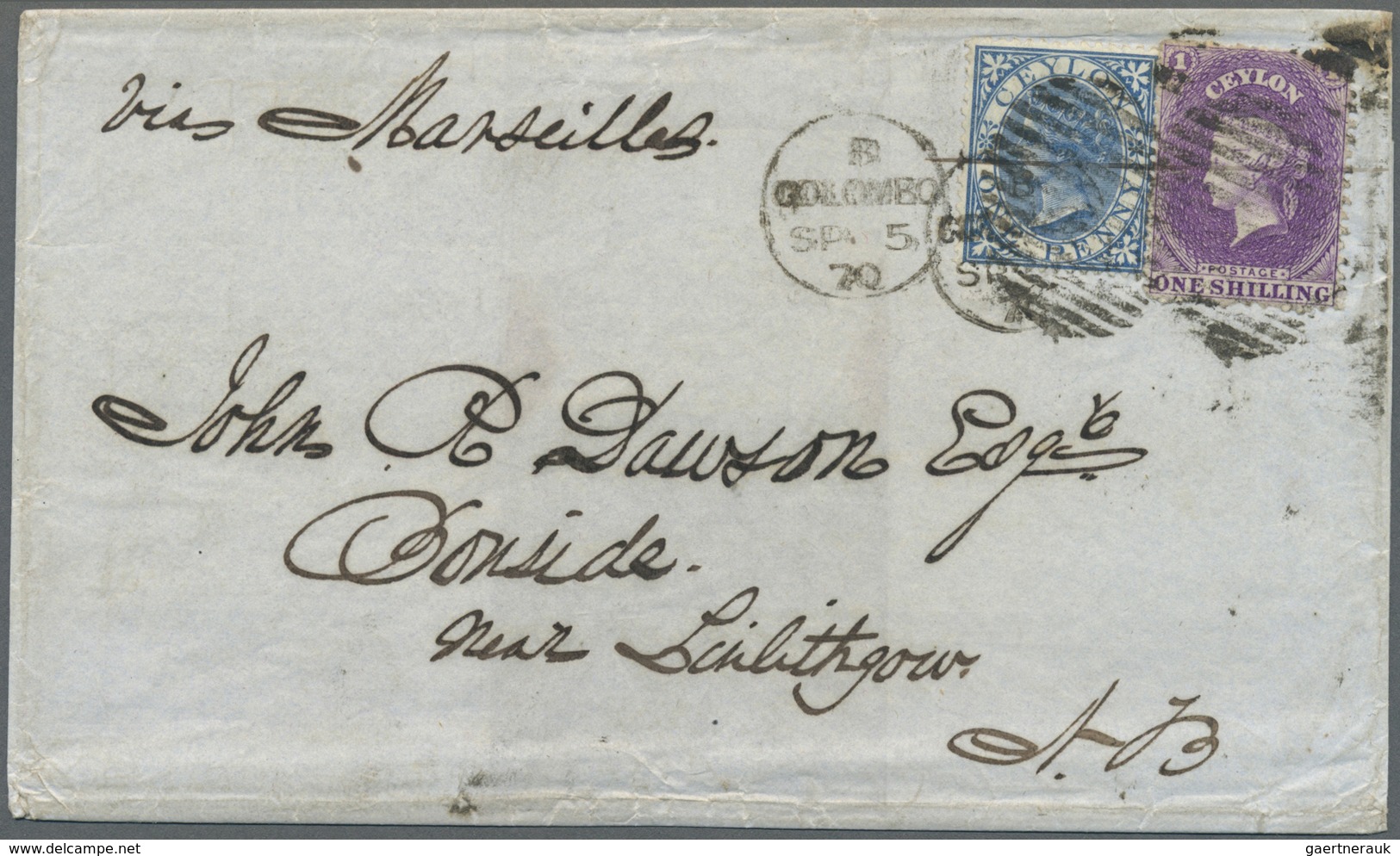 Br Ceylon / Sri Lanka: 1870, Attractive Mixed Franking With 1 Shilling Lilac And 1 D Blue From COLOMBO - Sri Lanka (Ceylon) (1948-...)