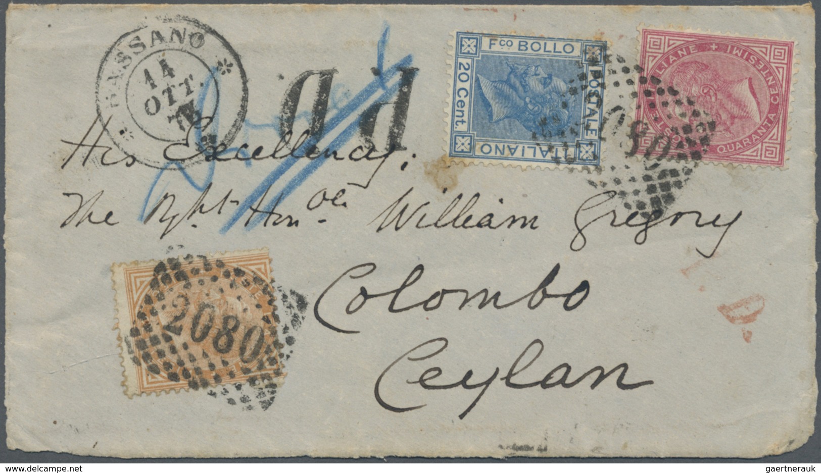Brfst/Br Ceylon / Sri Lanka: 1873. Part Cover Addressed To Ceylon Bearing Italy Yvert 19, 40c Rose, Yvert 23, - Sri Lanka (Ceylon) (1948-...)