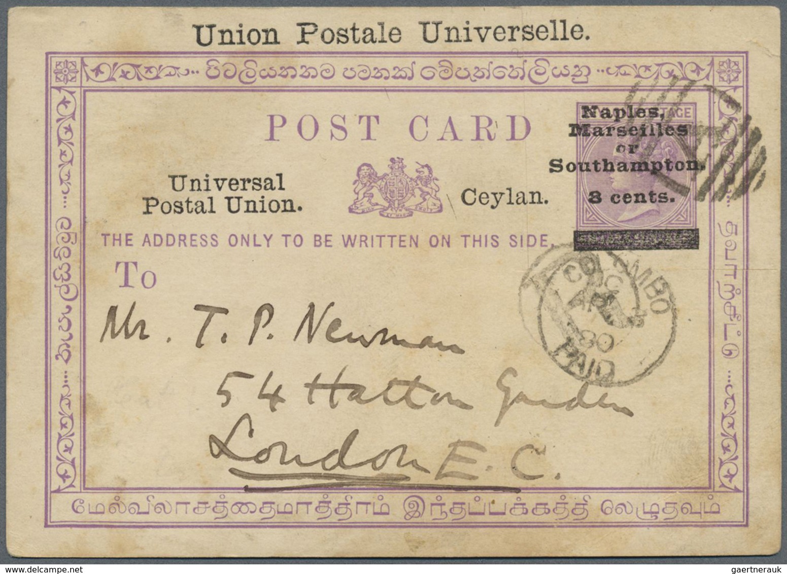 GA Ceylon / Sri Lanka: 1879, 8 C On 2 C Violet QV Postal Stationery Card, With Ovp "Union Postale Unive - Sri Lanka (Ceylon) (1948-...)