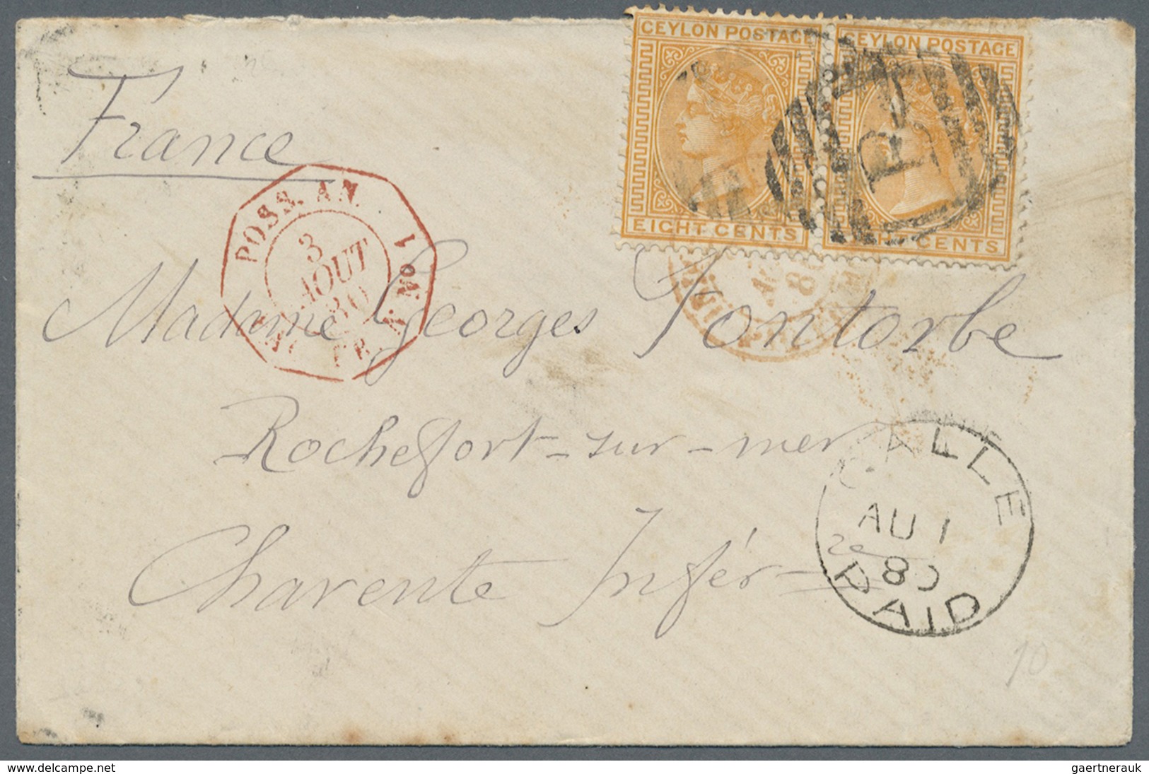 Br Ceylon / Sri Lanka: 1880. Envelope Addressed To France Bearing SG 124, 8c Orange-red (pair) Tied By - Sri Lanka (Ceylon) (1948-...)