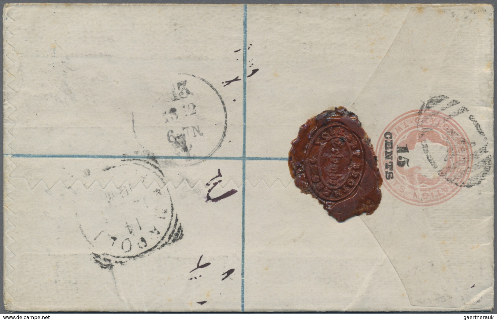 GA Ceylon / Sri Lanka: 1895, Registration Envelope 15 C./2 C. Uprated 10 C./20 C. Tied Duplex "A + COLO - Sri Lanka (Ceylon) (1948-...)