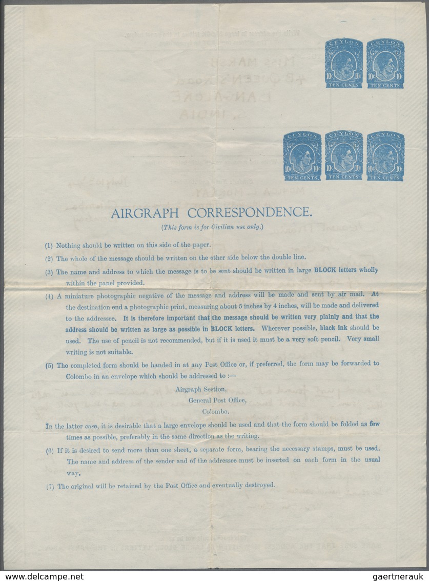 GA Ceylon / Sri Lanka: 1944, Postal Stationery Aigraph With Five Times KGVI. 10 C. Blue, Used With Long - Sri Lanka (Ceylon) (1948-...)