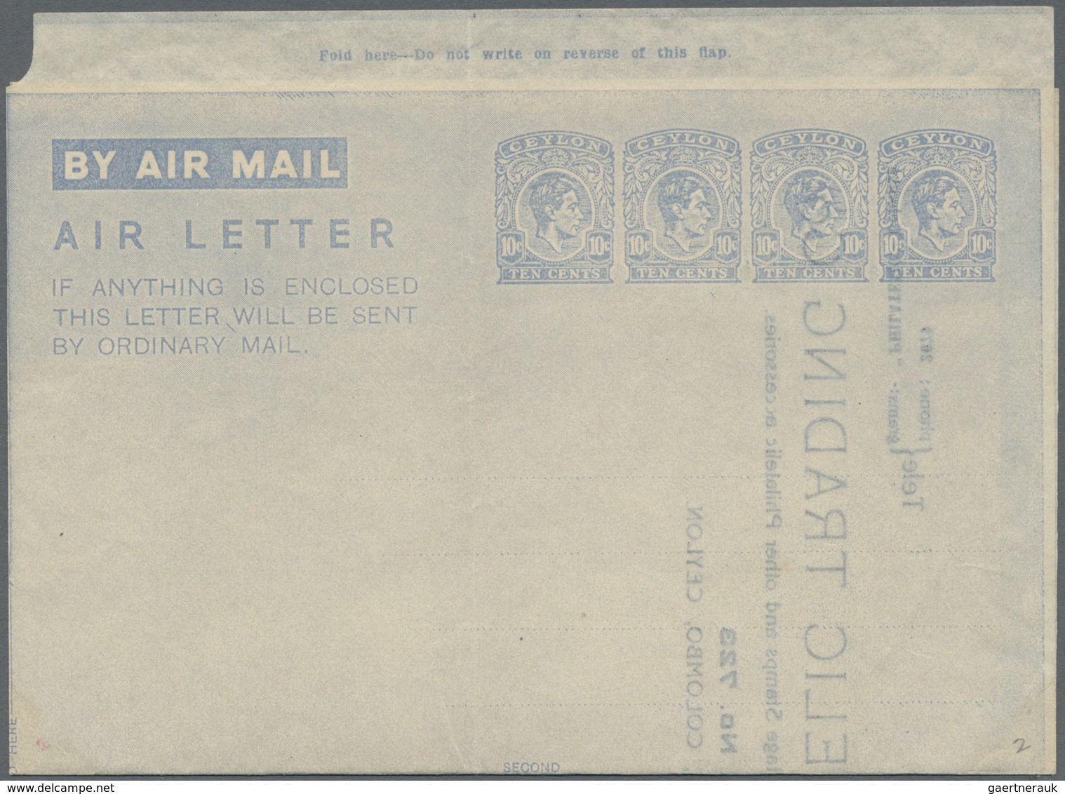 GA Ceylon / Sri Lanka: 1946, AIR LETTER KGVI 10c. Four Impressions In Pale Blue On White Paper With Ins - Sri Lanka (Ceylon) (1948-...)