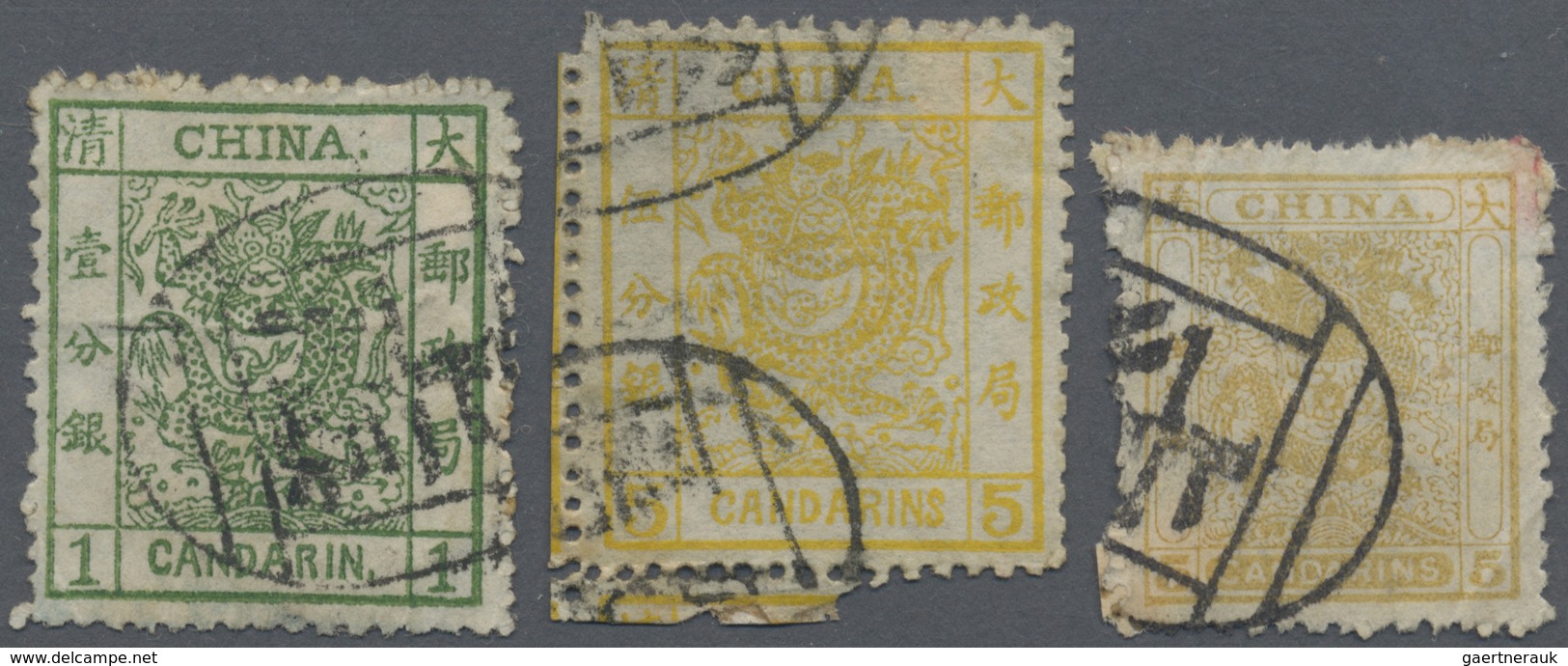 O China: 1878, Large Dragon 1 Ca (crease)., 5 Ca. Resp. Small Dragon 6 Ca. Each Canc. Black Seal "Shan - Other & Unclassified