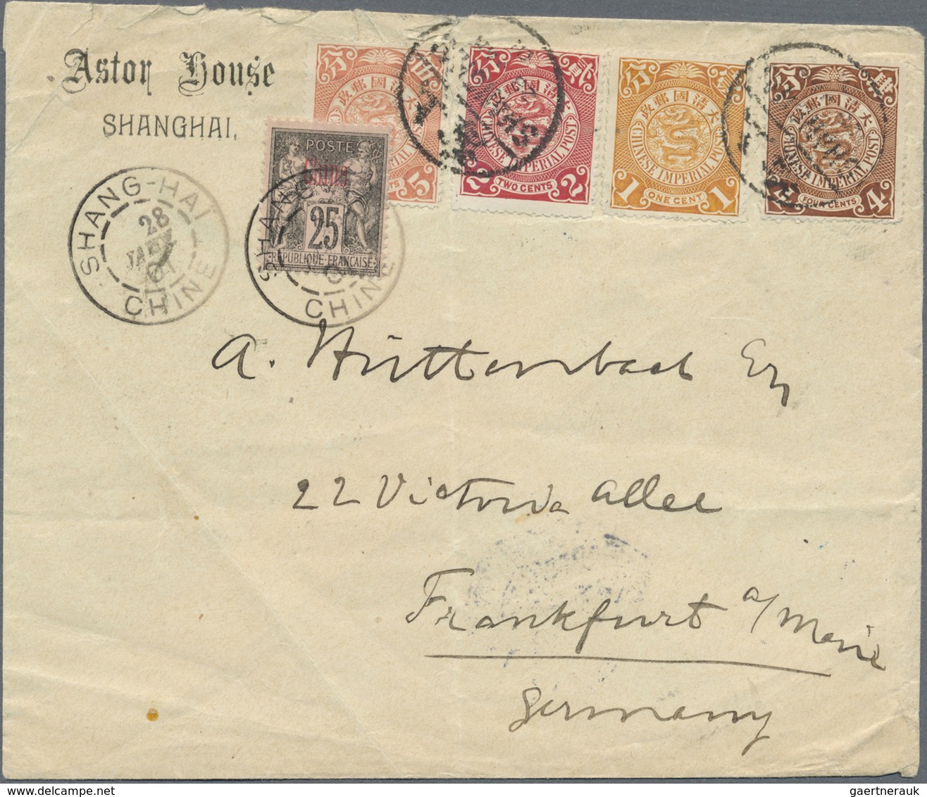 Br China: 1898, Coiling Dragon 1 C., 2 C., 4 C., 5 C. Tied Bisected Bilingual "SHANGHAI 28 JAN 01" To C - Other & Unclassified