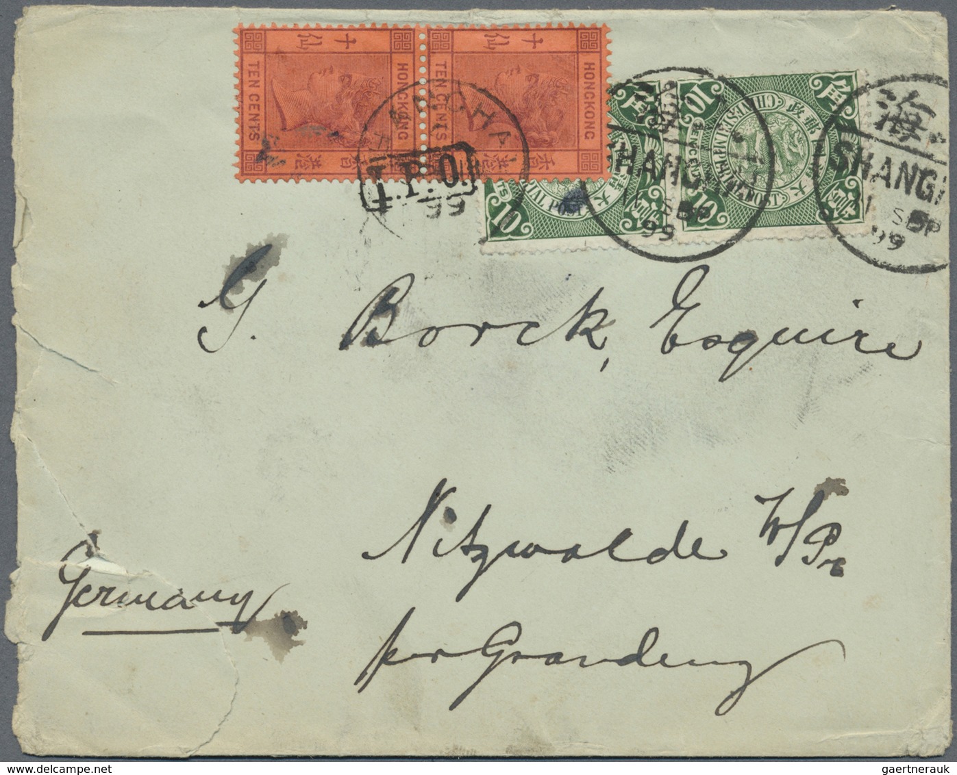 Br China: 1898, Coiling Dragon 10 C. (vertical Pair) Tied "SHANGHAI 11 SEP 99" In Combination W. Hong K - Other & Unclassified
