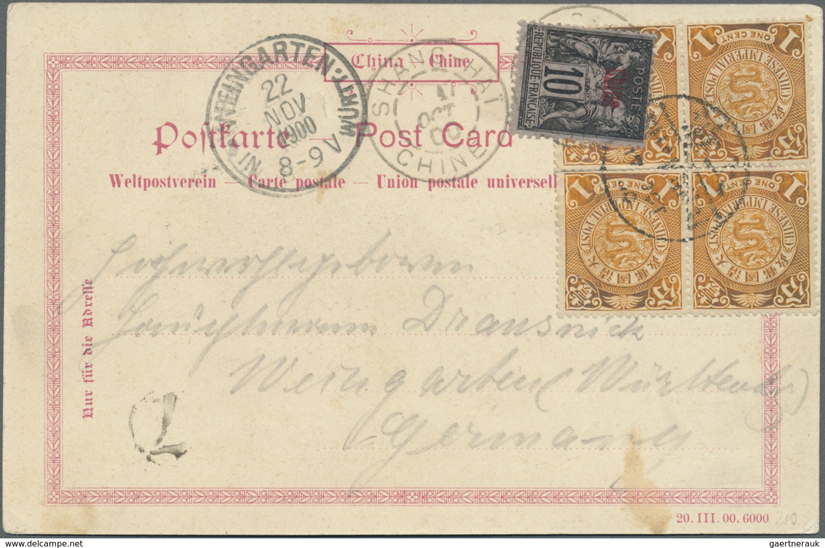 China: 1898, Coiling Dragon 1 C. Block-4 Canc. Bisected Bilingual "SHANGHAI 17 OCT 00" On Ppc (chine - Andere & Zonder Classificatie