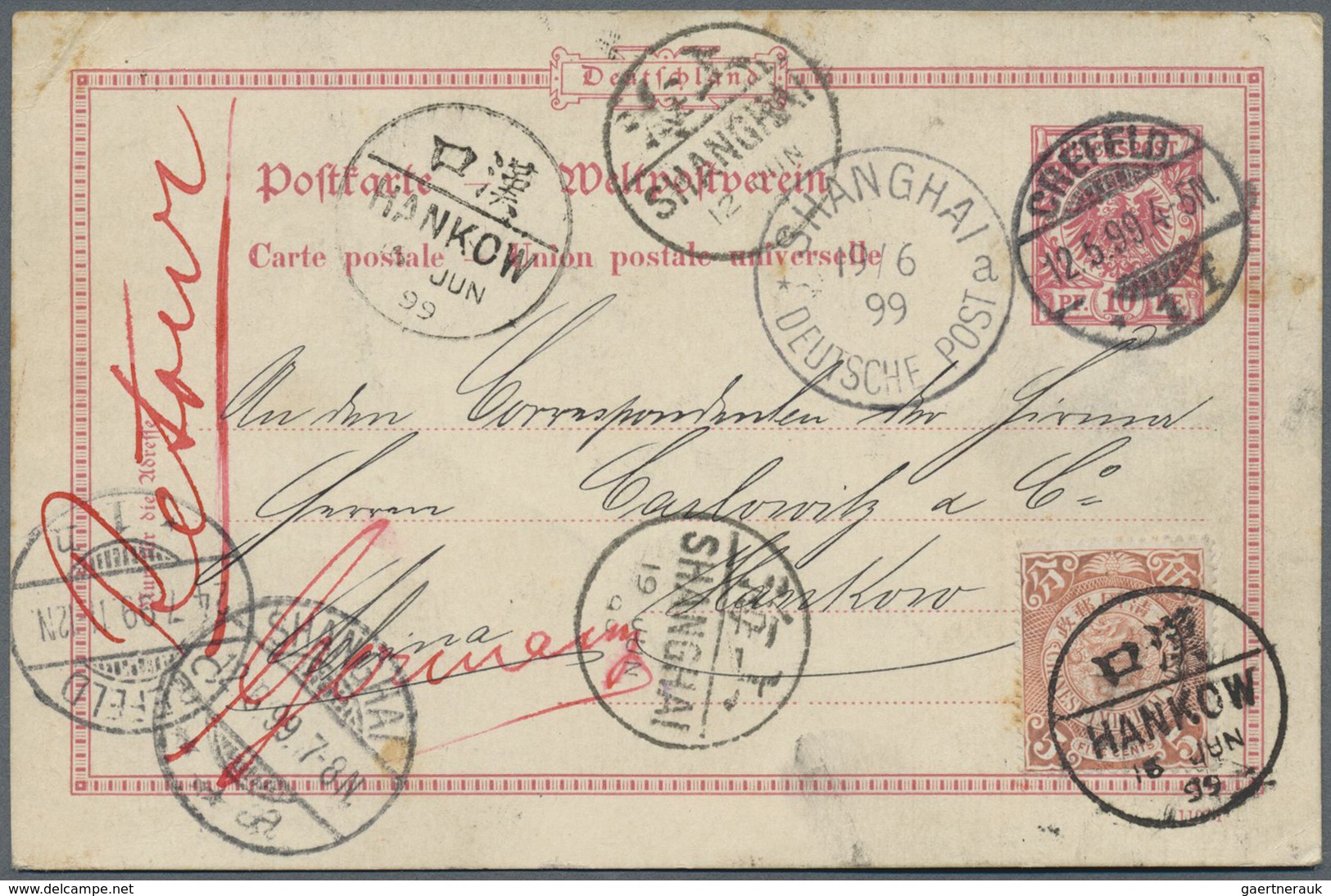 GA China: 1899, Incoming Card Germany 10 Pf. "CREFELD 12.5.99" To Hankow, Transits Shanghai DPO (two Ty - Other & Unclassified