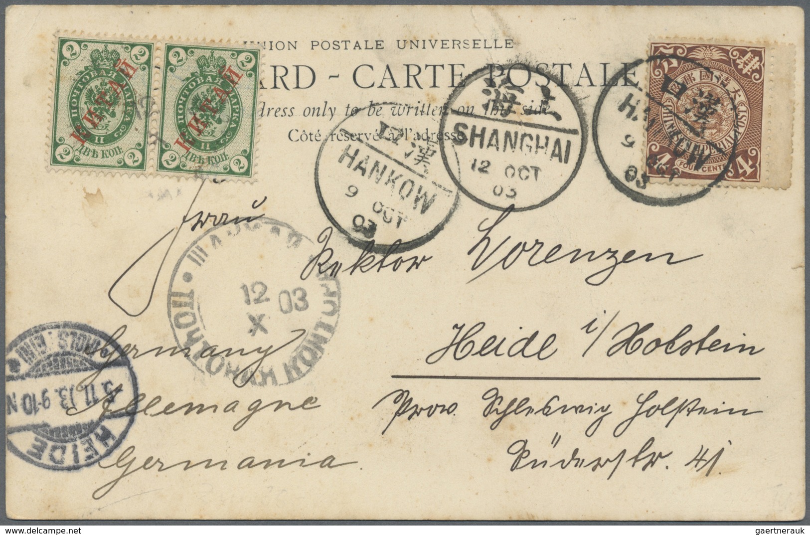 China: 1902, Coiling Dragon 4 C. Brown Tied "HANKOW 9 OCT 03" To Ppc W. Transit "SHANGHAI 12 OCT 03" - Other & Unclassified