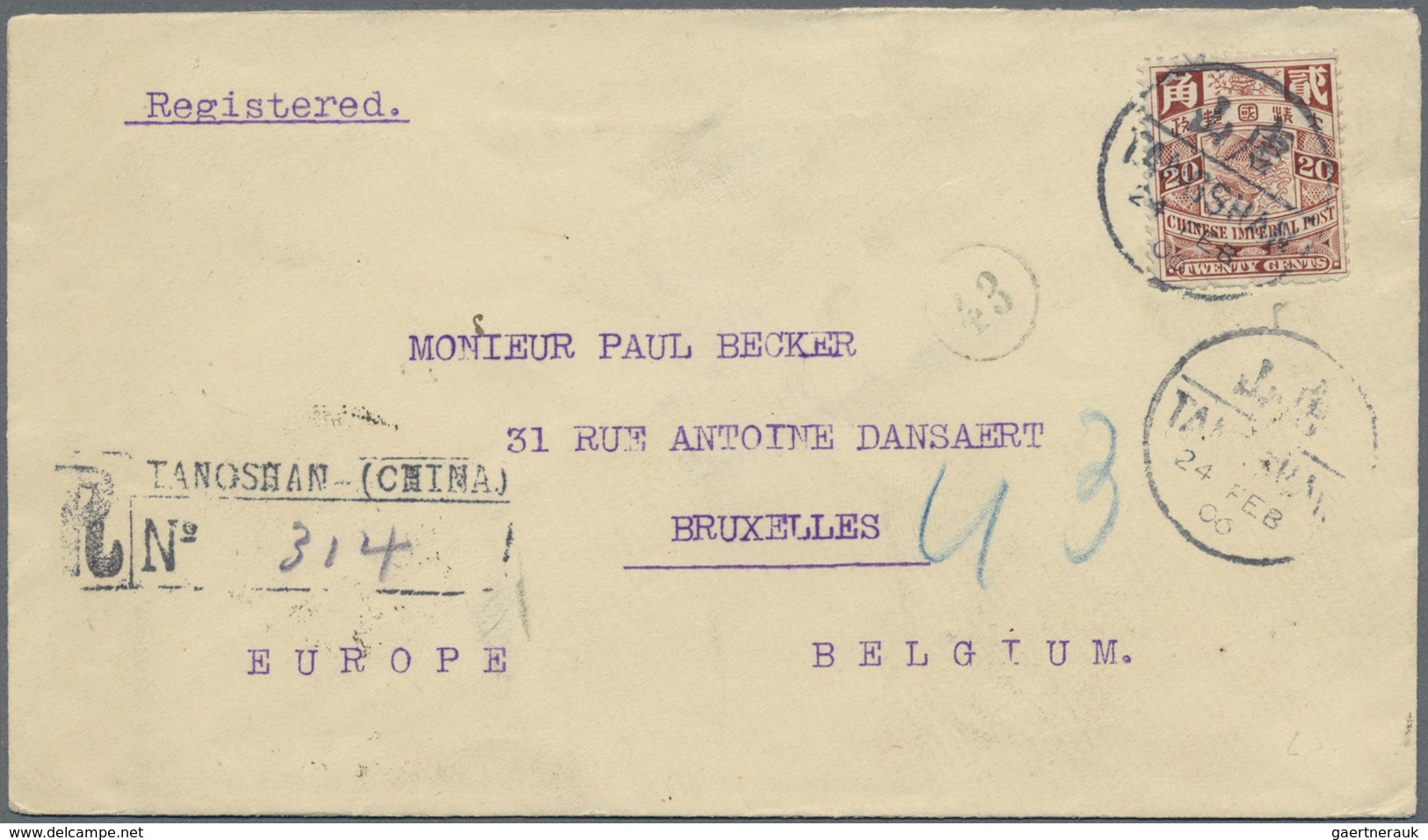 Br China: 1902, Carp 20 C. Tied Bilingual Bisected „TANGSHAN 24 FEB 06“ To Registered Cover To Brussels - Other & Unclassified