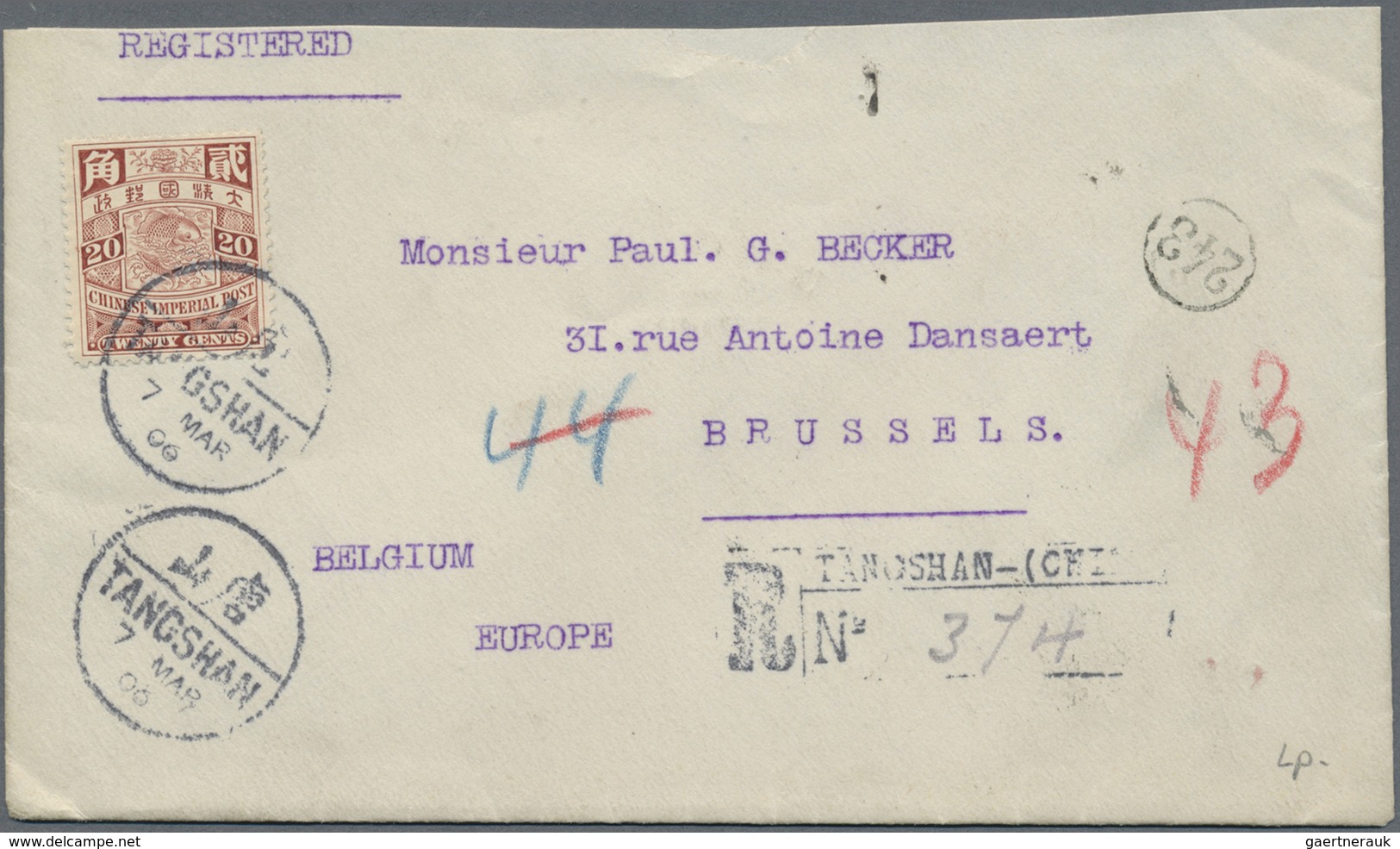 Br China: 1902, Carp 20 C. Tied Bilingual Bisected „TANGSHAN7 MAR 06“ To Registered Cover To Brussels/B - Andere & Zonder Classificatie