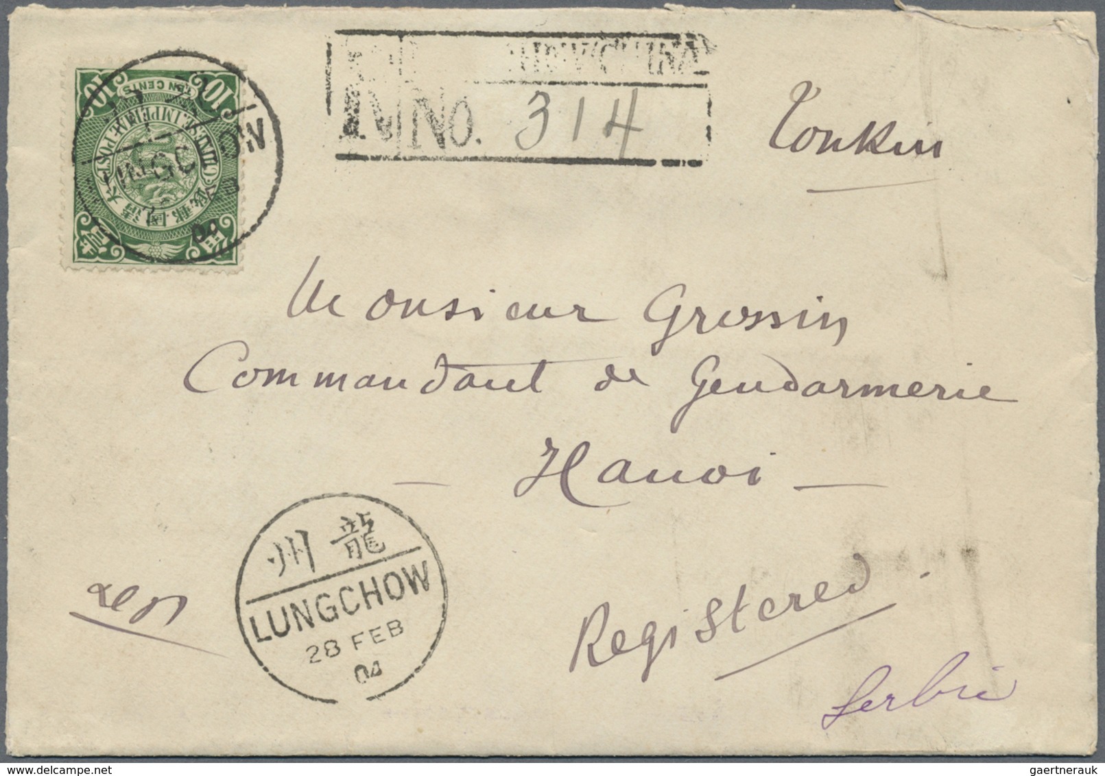 Br China: 1904. Registered Envelope (opened For Display) Addressed To Hanoi Bearing Chinese Imperial Po - Andere & Zonder Classificatie