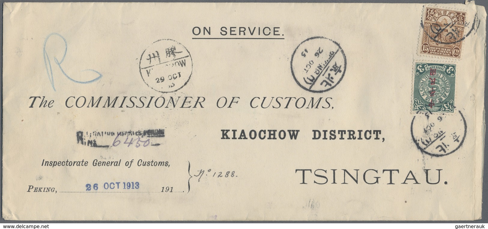 Br China: 1913, Two Registered Official Covers With 18 C. Frankings Used "PEKING (1)", From Inspectorat - Other & Unclassified