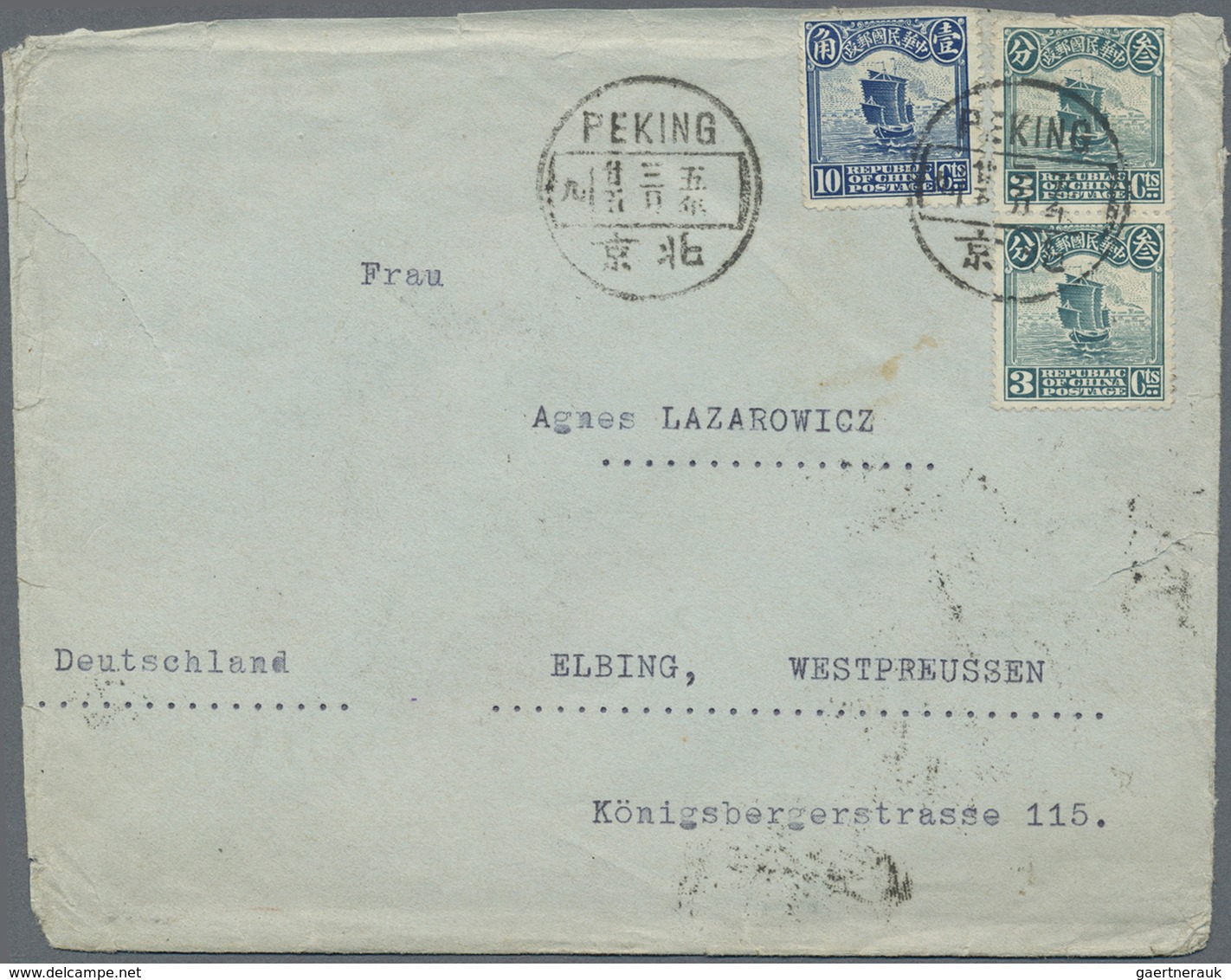 Br China: 1913, Junk 3 C. (pair), 10 C. Tied Boxed Bilingual PEKING 5.3.25“ To Cover Via „SHANGHAI 28 M - Andere & Zonder Classificatie