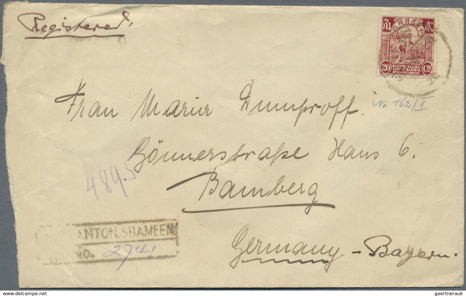 Br China: 1914, Reaper 20 C. Tied Bisected Bilingual „SHAMEEN 22 MAY 22“ To Germany, On Reverse Transit - Other & Unclassified